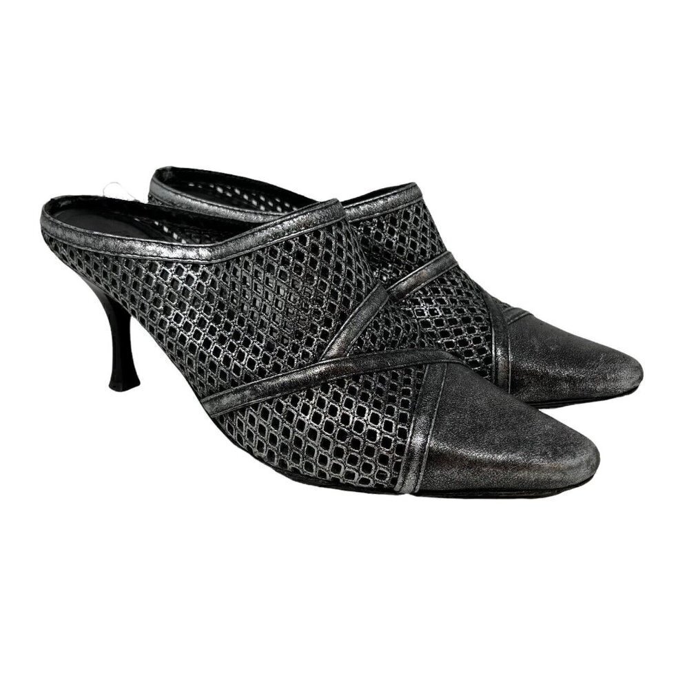 Aquatalia by Marvin K Women's Silver Leather Mules Pumps Shoes Heels Size 7